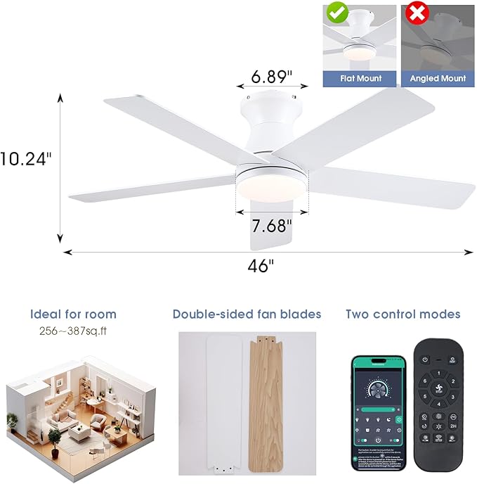 46" White Low Profile Ceiling Fans with Lights,Modern Flush Mount Ceiling Fans with Reversible DC Motor,Dimmable 3 Colors 6 Speeds