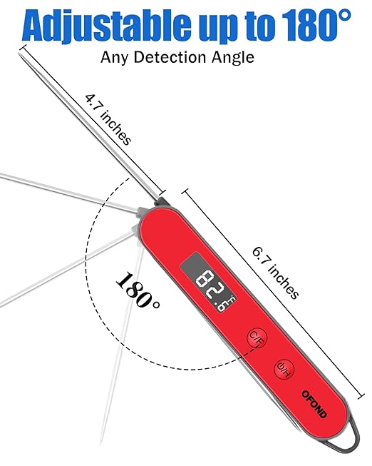 Meat Thermometer for Grill and Cooking, Instant Read Food Thermometer Battery Operated, Foldable Digital Probe, Steak Kitchen Thermometer for BBQ Oven Smoker, Store by Magnet & Hook (Red)