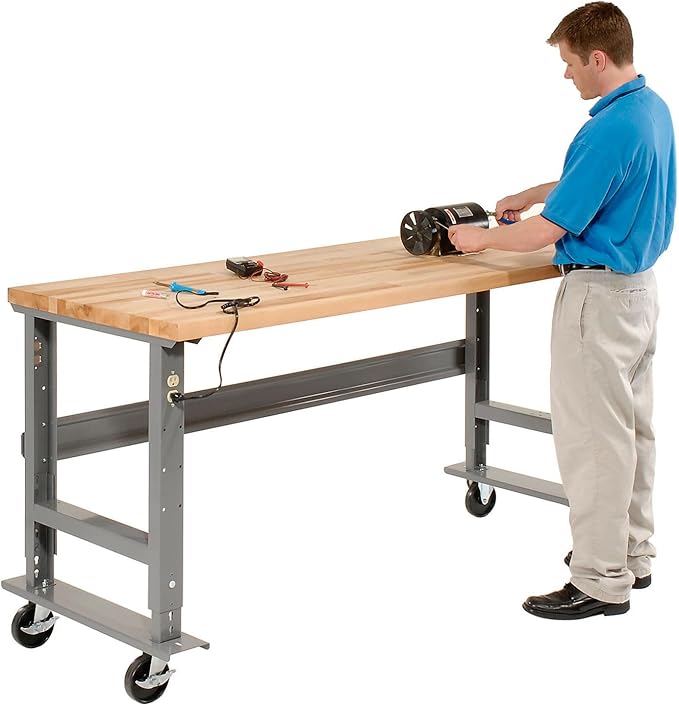 Global Industrial Mobile Adjustable Height C-Channel Leg Workbench, Maple Butcher Block Square Edge, 72" Wx36 D, Gray