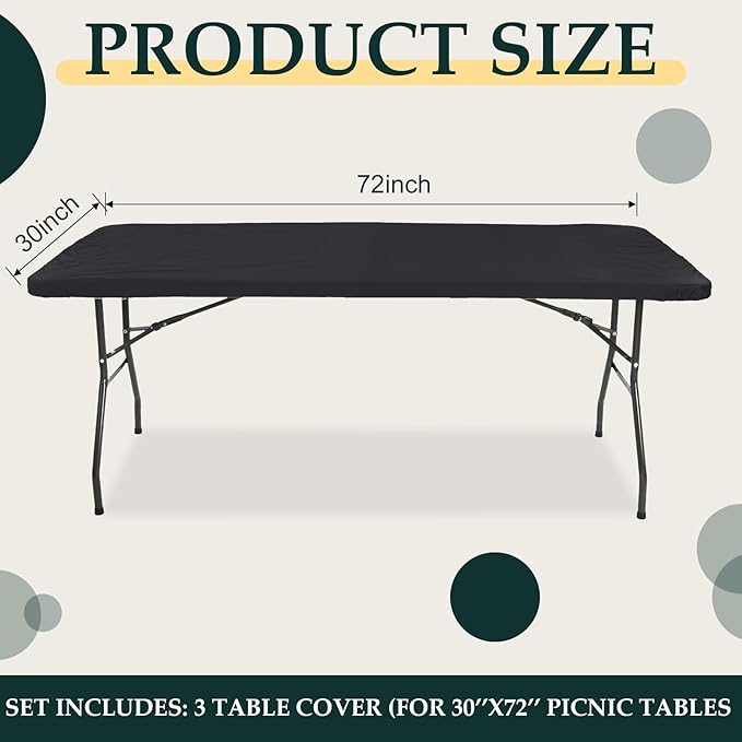 3 Pcs Plastic Picnic Table Cover Checkered Tablecloth Fitted Rectangular Table Cloth 30 x 72 Inch Vinyl Waterproof Flannel Backed with Elastic Rim for Indoor Outdoor Picnic Party(Black)