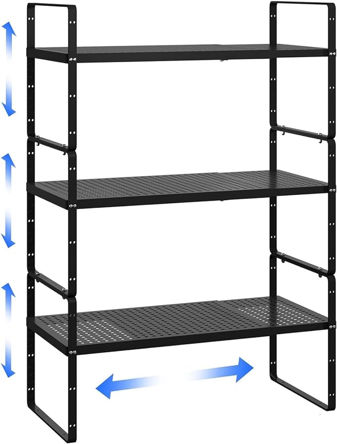 Expandable Kitchen Cabinet Shelf Organizer Rack Heavy Duty Metal Spice Rack Stackable Kitchen Counter Storage Shelf for Kitchen Cabinet Pantry Bathroom (Black - 16.5"-27" L x 8" W x 9.6" H - 3Pack)