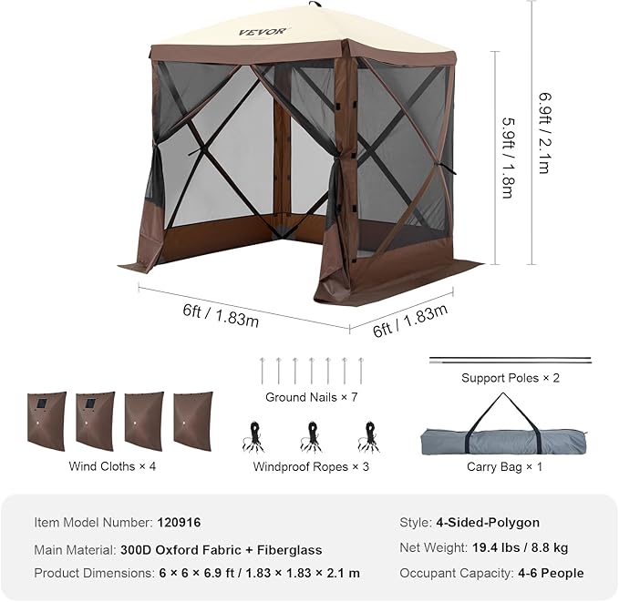VEVOR Pop Up Gazebo Tent, Pop-Up Screen Tent 4 Sided Canopy Sun Shelter with 4 Removable Privacy Wind Cloths & Mesh Windows, 6x6FT Quick Set Screen Tent with Mosquito Netting, Brown