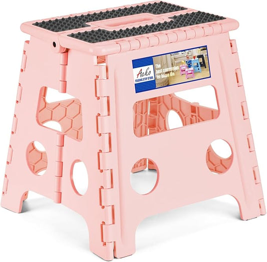 ACKO Folding Step Stool 13 inch Height Premium Heavy Duty Foldable Step Stools for Adults and Kids, Kitchen Plastic Small Collapsible Stepping Stool Hold Up to 300 LB Dot Pink (1 Pack)