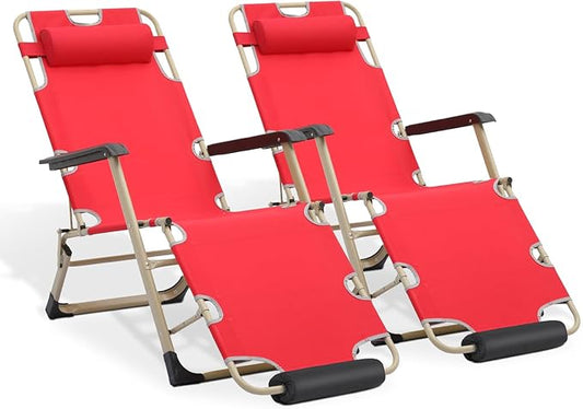 MoNiBloom Set of 2 Folding Reclining Patio Chairs, 3-Position Patio Lounger Folding Chairs with Footrest for Backyard Poolside Lawn, Red, 330lbs Capacity