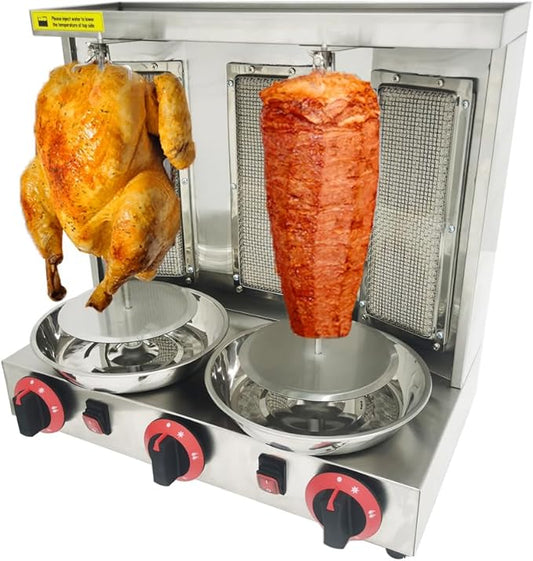 LP Gas Shawarma Grill Machine Vertical Broiler Rotating Doner Kebab Machine Countertop Rotisserie Gyro Grill Oven with 3 Burners for Home Kitchen Adjustable Tempereture