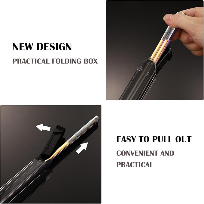 Metal Chopsticks Reusable 1 Pair Stainless Steel Travel Chopsticks Dishwasher Safe Square Lightweight Non-Slip Chop Sticks with case (Colorful Waterdrop Diamond)