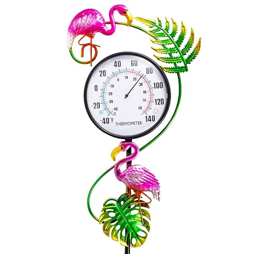 Outdoor Thermometer, No Battery Needed Outside Thermometer with Garden Stake, Flamingo Wall Thermometer for Yard Patio Decor