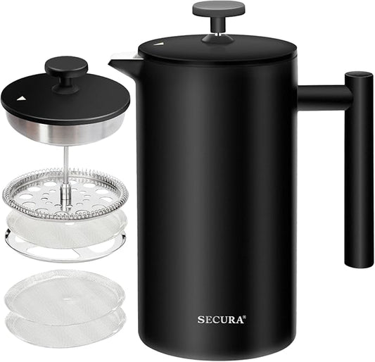 Secura French Press Coffee Maker with 3-Layer Stainless Steel Filter, 34 oz Black, Double-Walled Insulated Design with 2 Extra Filters