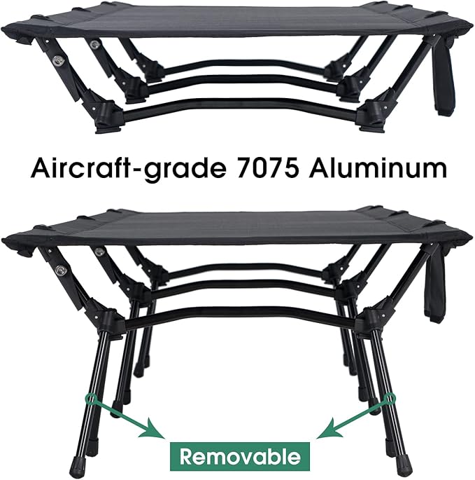 CAMPNACHT Ultralight Camping Cot with Leg Extenders, Aluminum Lightweight Folding Cot for Adults, Portable Backpacking Compact Tent Cot for Outdoor, Hiking, 1 Pack with 2 Use Modes, Black