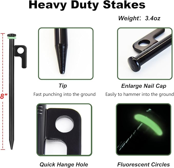 32Pcs Tent Stakes, 8in Heavy Duty Tent Stakes with Storage Pouch, Forged Steel Tent Sakes Metal, Metal Stakes for Tent Used on Grassland, Snowfield, Dessert(32Pcs, 8in, Diameter 3/8")