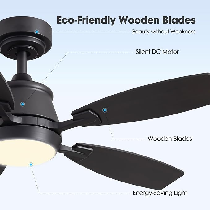 42" Ceiling Fan with Light, Modern Low Profile Ceiling Fan with Light, DC Reversible Motor, Smart APP & Remote Control, Whisper Quiet, Dimmable LED for Bedroom/Living Room
