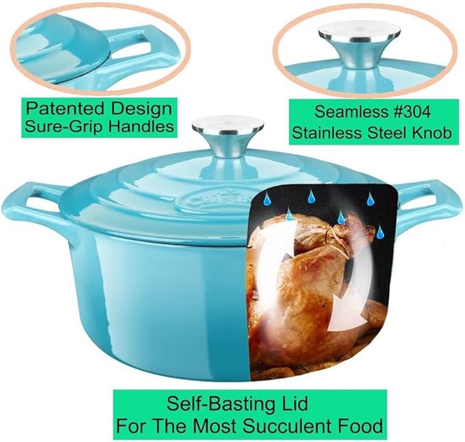 La Cuisine 2175MB Enameled Cast Iron Dutch Oven, Casserole, Pot, 5-Quart (QT) - Matte Black Enamel Interior, Teal Porcelain Enamel Coating Finish Exterior