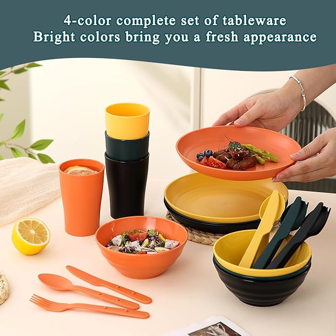 Camping Mess Kit for 4 with Bowl, Plate, Cup, Spoon, Fork, Knife and Carry Bag, Plastic Camping Accessories Essentials Gear for Travel, Picnic, Outdoor, Easy to Carry & Store