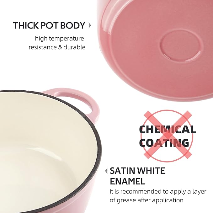 3 Quart Dutch Oven Enameled Cast Iron with Lid - Big Dual Handles - Oven Safe up to 500°F - Classic Round Pot for Versatile Cooking Pink