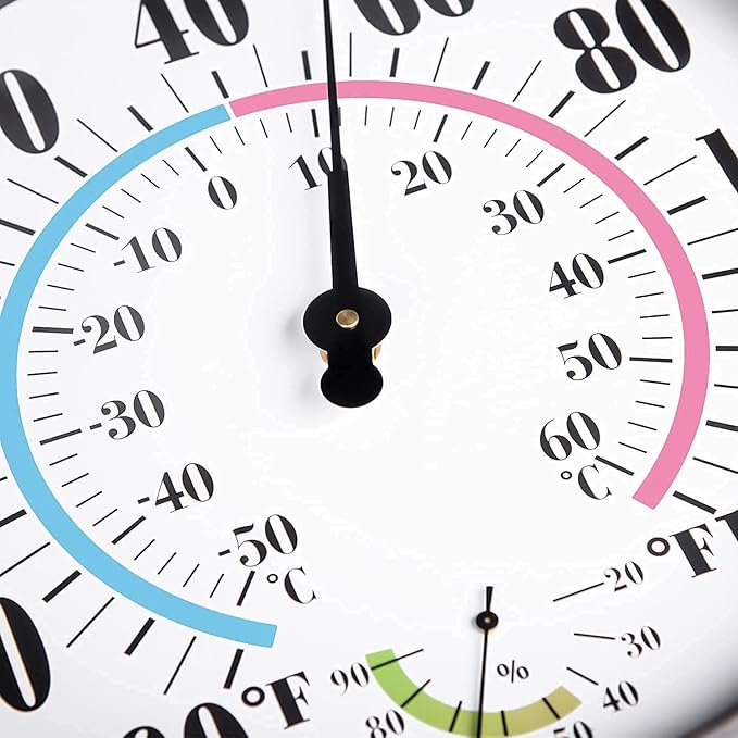 12" Outdoor Thermometer Large Numbers - Decorative Outdoor Thermometers for Patio, Wall Thermometer Hygrometer with Stainless Steel Enclosure, Battery Free Indoor Outdoor Thermometer Hanging