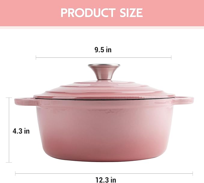 4.5 Quart Dutch Oven Enameled Cast Iron with Lid - Big Dual Handles - Oven Safe up to 500°F - Classic Round Pot for Versatile Cooking Pink