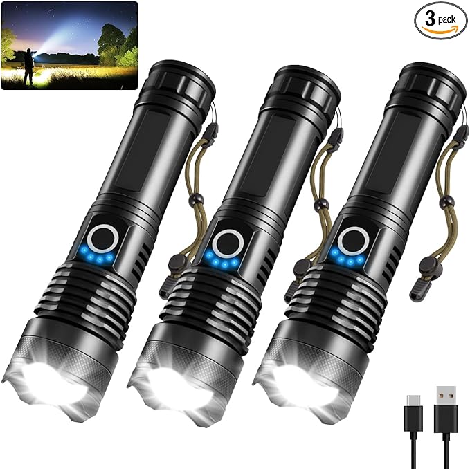 3Pack Rechargeable Flashlights High Lumens, Super Bright Flashlight, 5Modes LED Flashlight Rechargeable, Adjustable Tactical Flashlights High Powered, Flash Lights for Emergency Camping Home