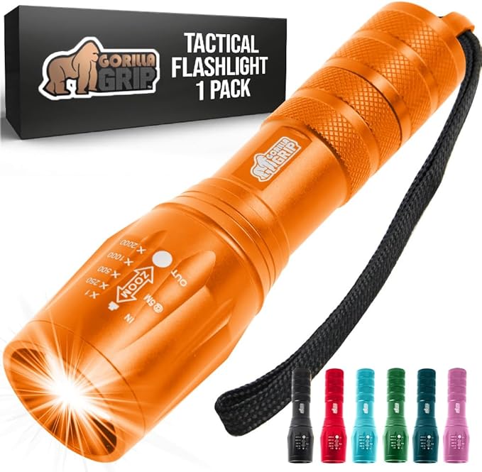 GORILLA GRIP Powerful LED Tactical Flashlight, 750 FT High Lumens 5 Adjustable Modes, Water Resistant, Ultra Bright Zoom Flashlights, Small Mini Flash Light, Camping, Night Dog Walking, Orange
