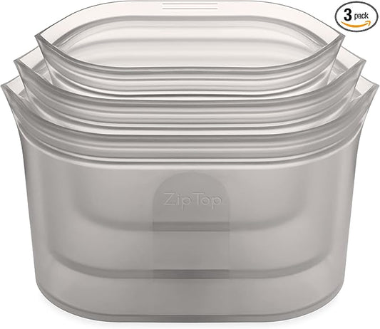 Zip Top Reusable Food Storage Bags | 3 Dish Set [Gray] | Silicone Meal Prep Container | Microwave, Dishwasher and Freezer Safe | Made in the USA