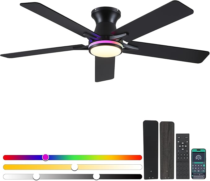 52" RGB Ceiling Fans with Lights and Remote/APP,Black Low Profile Ceiling Fans with Quiet Reversible DC Motor,Modern Flush Mount Ceiling Fan Light for Bedroom Kids Room