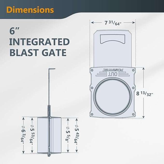 POWERTEC 6 inch Blast Gate, Clog Resistant & Anti Gap Tapered ABS Plastic Fitting for Dust Collector, Dust Collection Fittings, Dust Collection Hose, Shop Vac, Hose Clamps, 1PK (70442)