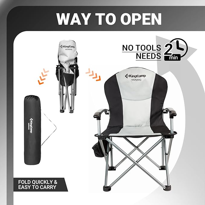 KingCamp Oversized Camping Folding Chair, Heavy Duty 450 LBS with Lumbar Support, Padded Outdoor Chair with Cup Holder, Camp Lawn Chair with Cooler Bag for Sports, Garden, Beach, Fishing