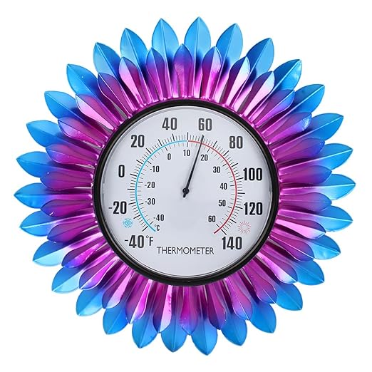 VEWOGITF Outdoor Thermometer, Metal Wall Themometer No Need Battery, Purple Blue Flower Indoor Thermometer with Large Number for Patio Room Decor