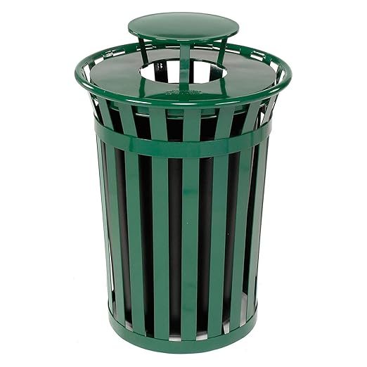 Global Industrial Heavy-Duty 36 Gallon Capacity Outdoor Metal Slatted Trash Receptacle with Rain Bonnet Lid & Plastic Liner, Green, Commercial & Industrial Trash Can