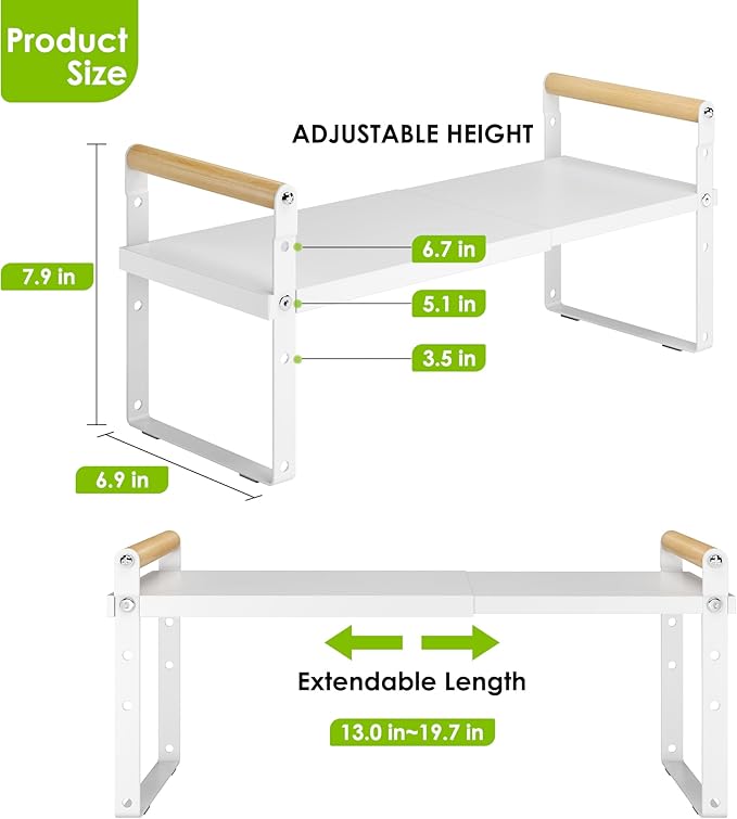 DOLALIKE Expandable kitchen Countertop Organizer, Stackable Cabinet Shelf Organizers, Space Saving Spice Rack Pantry Storage for Bathroom Office Organization (6.9''D*13-19.7''W*7.9''H, White)