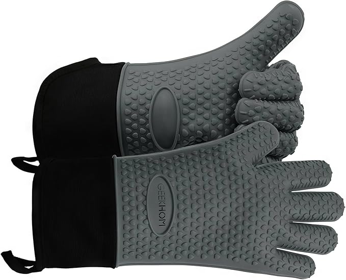 GEEKHOM BBQ Gloves Heat Resistant Oven Mitts - Silicone Grilling Gloves with 14" Long Arm Protection - Waterproof Pot Holder Non-Slip for Men & Women, Kitchen Cooking, Baking, Camping, Gray
