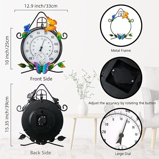 Large Outdoor Thermometer，House-Shape Wall-Mounted Thermometer with Humidity, Easy to Read Decorative Outside Thermometer for Patio, Garden, No Require Batteries