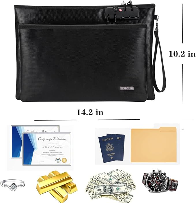 Fireproof Document Bag, Fireproof Money Bag with Lock and Zipper for Cash, FireproofBag Money Pouch, Fire Safe CashBag BankerBag, Notary Supplies (black, Large)