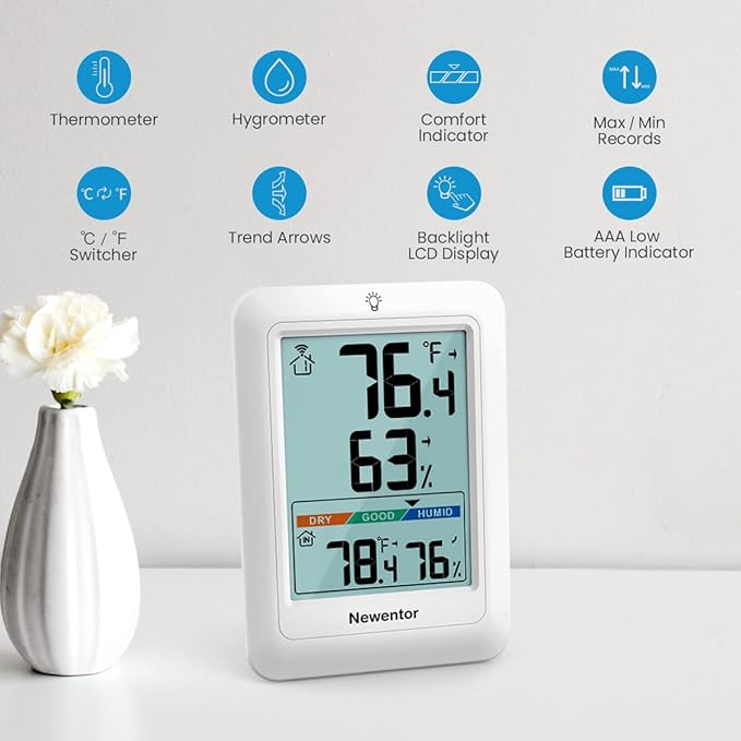 Newentor Indoor Outdoor Thermometer Wireless, Remote Temperature Monitor Hygrometer, Outside Inside Thermometers with Comfort Indicator, 4 Inch Screen, 328ft Range for Home Patio, White with 1 Sensor