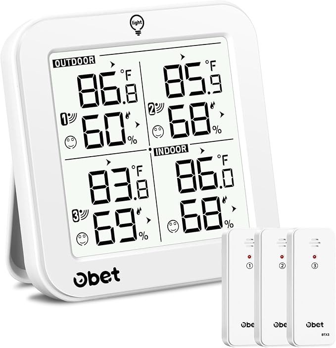 OBET Indoor Outdoor Thermometer Wireless with 3 Sensors Weather Station Temperature Humidity Monitor 500ft Range and Adjustable Backlight and Min Max Data White
