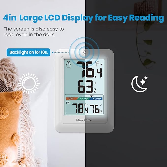 Newentor Indoor Outdoor Thermometer Wireless, Remote Temperature Monitor Hygrometer, Outside Inside Thermometers with Comfort Indicator, 4 Inch Screen, 328ft Range for Home Patio, White with 1 Sensor