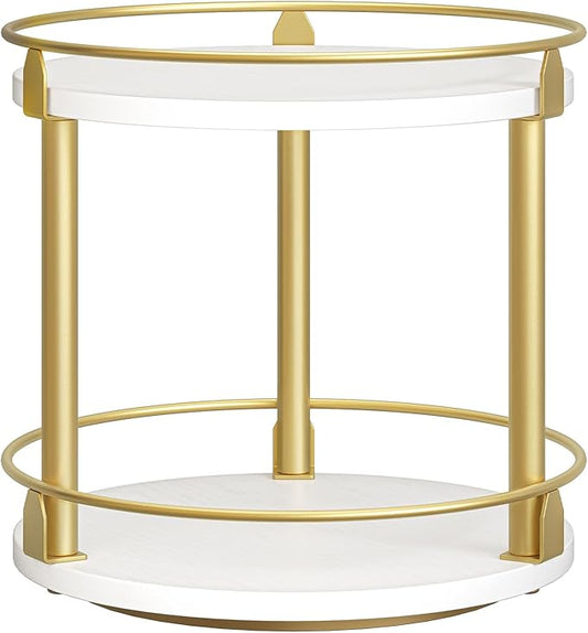 Lazy Susan Organizer, Rotating Spice Rack, 2 Tier Spice Turntable Organizer, Industrial Turntable Spice Holder, for Kitchen Countertop and Cabinet, Compact and Versatile, White and Gold SR22DW