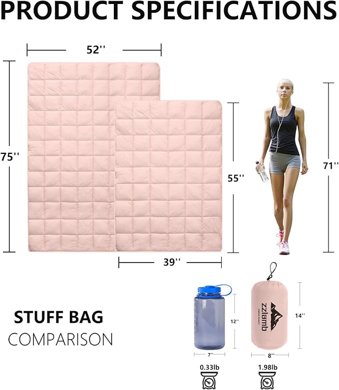zzlamb Camping Blanket, Compact Lightweight Soft Puffy Blanket Water-Repellent, Packable Warm Quilt Down Alternative Picnic Hiking Backpacking Beach Travel RV Airplane Couch Car