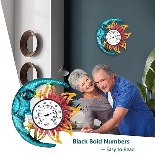Indoor Outdoor Thermometer, Sun-Moon Wall-Mounted Thermometer Waterproof for Patio Garden Yard & Living Room, No Battery Needed