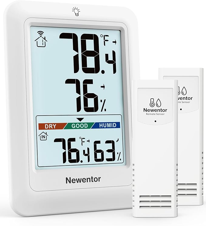 Newentor Indoor Outdoor Thermometer Wireless, Remote Temperature Monitor Hygrometer, Outside Inside Thermometers with Comfort Indicator, 4 Inch Screen, 328ft Range for Home Patio, White with 2 Sensors