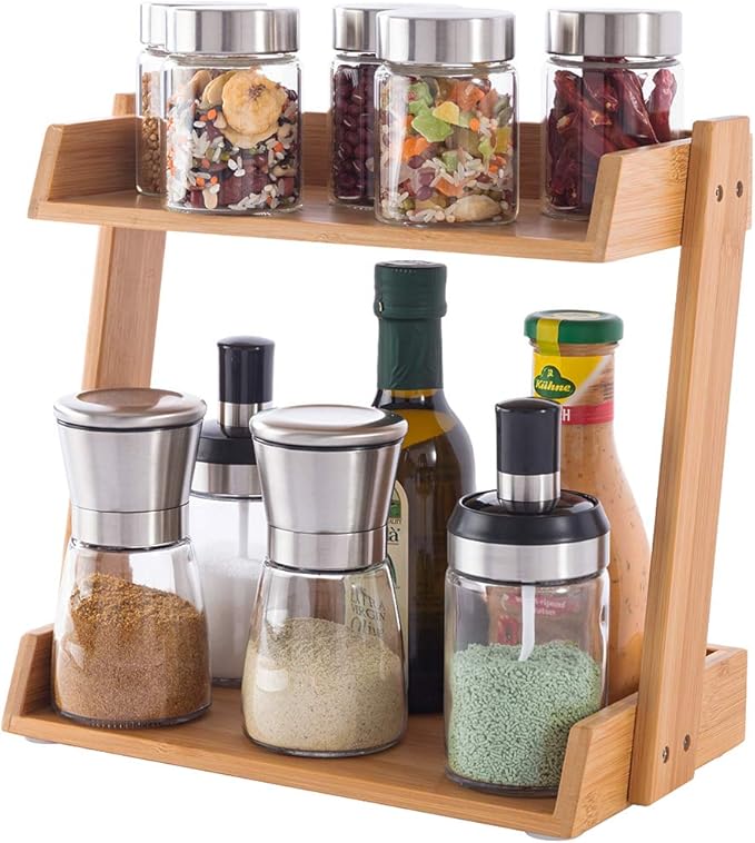 GOBAM Cabinet Shelf Organizers, Kitchen Countertop Organizer 2-Tier Cupboard Stand Spice Rack, Bamboo