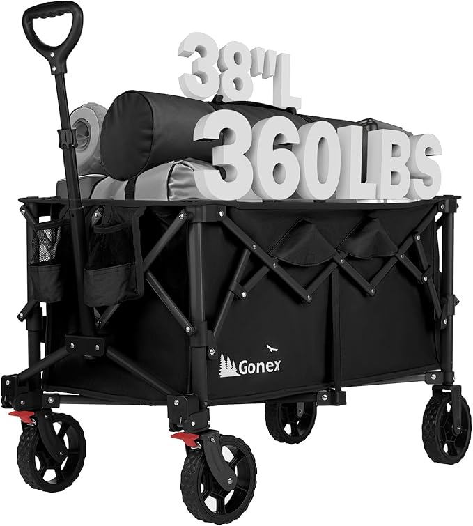 Gonex 38''L Extra Long Collapsible Foldable Wagon Cart with 360lbs Weight Capacity, 220L Folding Utility Garden Cart with Detachable Wheels for Grocery Sports Shopping Camping - Black