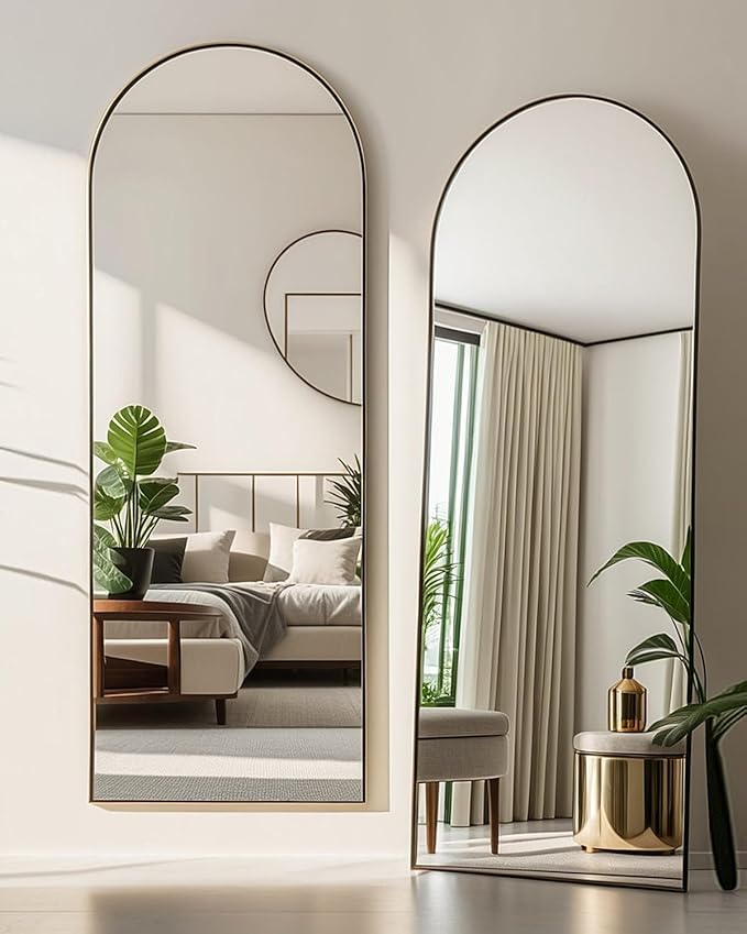 58"x18" Arched Full Length Mirror, Floor Mirror with Stand, Freestanding,Wall Mounted Hanging or Leaning Arched-Top Full Body Mirror for Bedroom, Dressing Room -Black