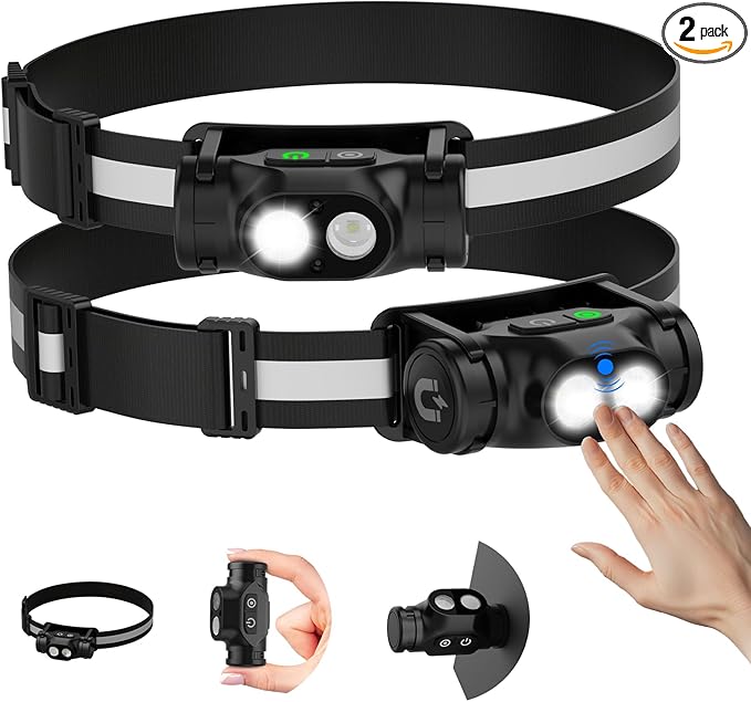 Rechargeable Running Headlamp, 1500 Lumens Bright Head Lamp Led with Motion Sensor, 4 Modes, Magnet, Detachable Flashlight & Headband for Adult, Outdoor, Emergency, Hard Hat Light 2PC