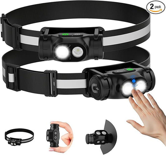 Rechargeable Running Headlamp, 1500 Lumens Bright Head Lamp Led with Motion Sensor, 4 Modes, Magnet, Detachable Flashlight & Headband for Adult, Outdoor, Emergency, Hard Hat Light 2PC