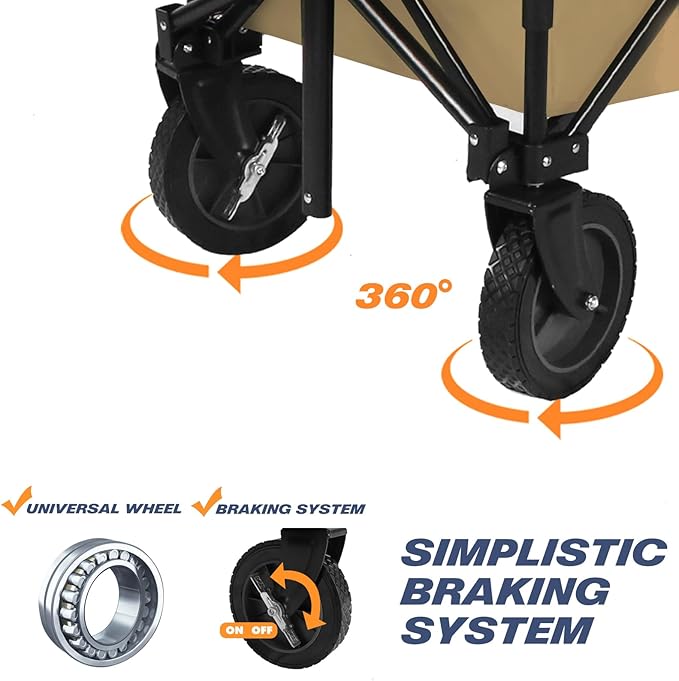 Chihee Folding Beach Wagon Cart Garden Cart Heavy-Duty with 2 Cup Holders,Camp Cart for Gimballed Wheels with Braking System Large Capacity Removable Fabric,for Sporting Events,Camping,Beach Trips