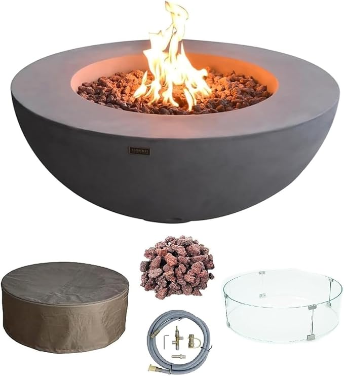 Elementi Lunar Bowl Cast Concrete Fire Table, Outdoor Fire Pit Fire TablePatio Furniture, Light Gray (Natural Gas)