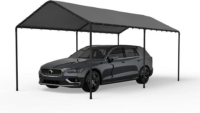 Carport, 10‘ x 20’ Heavy Duty Portable Garage All-Season Car Canopy w/Removable Sidewall & Doors, Carport Canopy Party Tent w/Water-Resistant Tarp for Backyard (Grey, 10' x 20' /no Side)