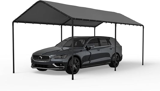 Carport, 10‘ x 20’ Heavy Duty Portable Garage All-Season Car Canopy w/Removable Sidewall & Doors, Carport Canopy Party Tent w/Water-Resistant Tarp for Backyard (Grey, 10' x 20' /no Side)