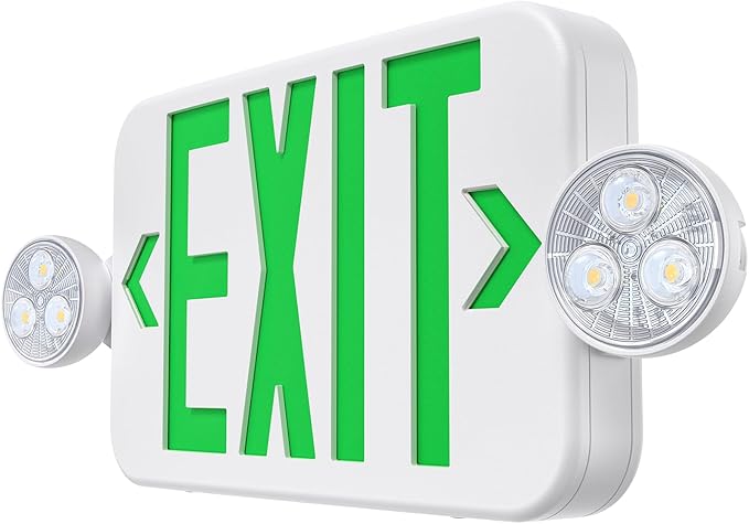 Emergency Exit Sign Lights Combo with Battery Backup, Double Sided Hardwired 6 LEDs Exit Signs, Adjustable Heads Green Emergency Exit Lighting Ceiling/Wall Mount, UL Listed, AC 120/277V (1 Pack)
