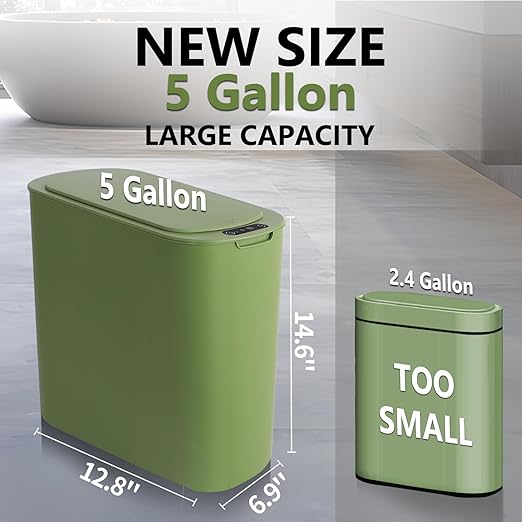 5 Gallon Motion Senor Bathroom Trash Can with Lid, Automatic Garbage Can Touchless, Smart Plastic Waste Basket for Narrow Spaces, Bathroom, Office, Bedroom, Living Room (Green)